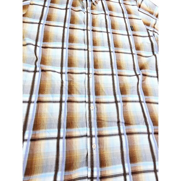 Prana Sz XL Mens Brown Gray Camel Blue Check Short Sleeve Neck Pocket Logo Shirt - Picture 10 of 13